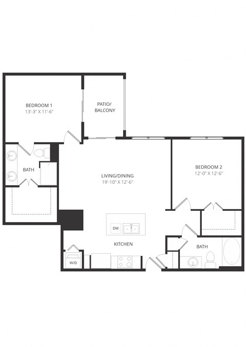 Floor plan for 2 beds, 2 baths, 1085 sqft